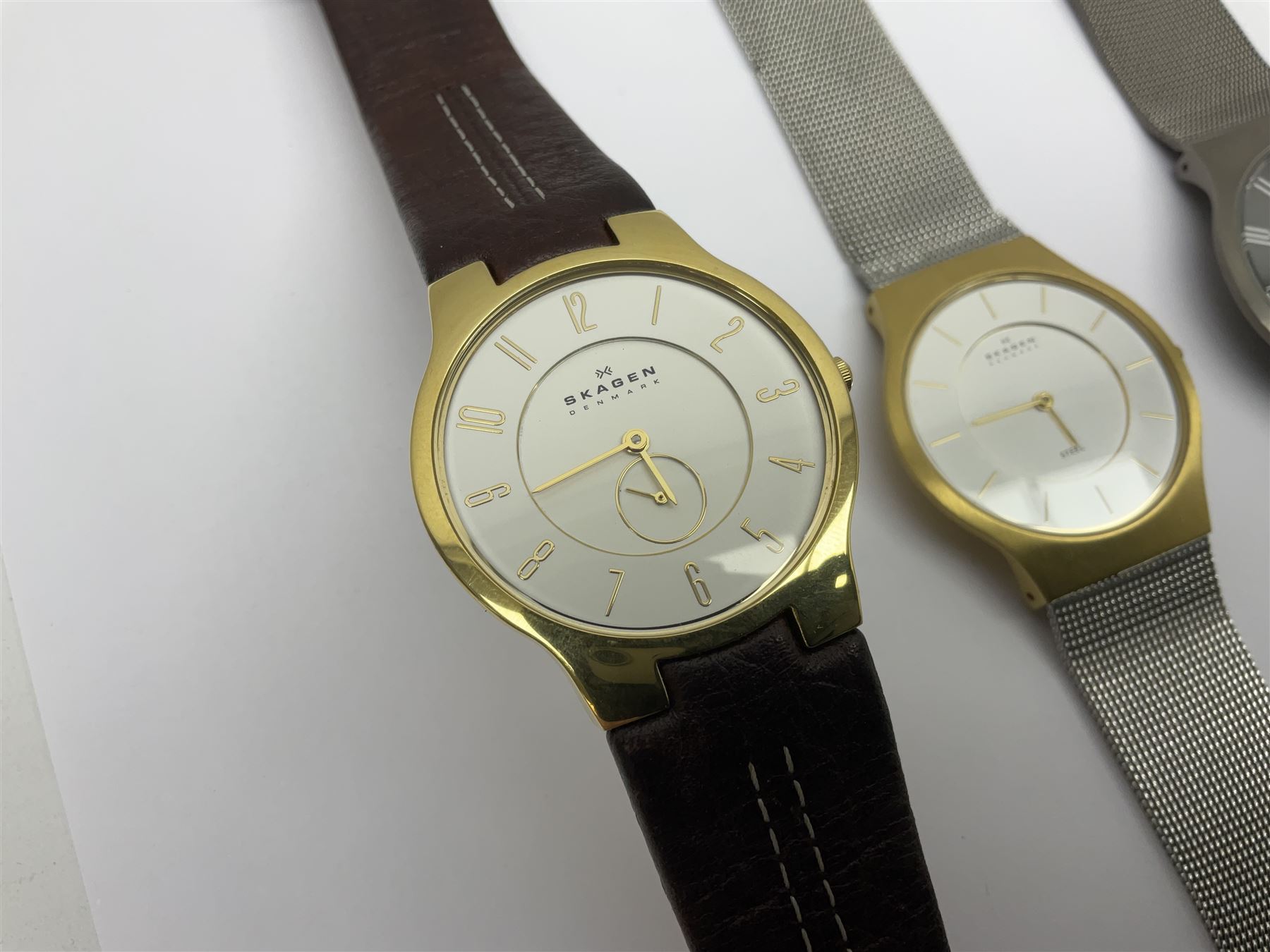 Five Skagen wristwatches to include 233XLTTM 809XLTRB 233LGS 233XLLTN and 433LGL1 four on Skagen stainless steel mesh straps one on a Skagen leather strap Decorative Antiques Collectors