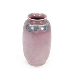 Ruskin Pottery vase, of baluster form, with blue vine decoration upon a pale pink lustre ground, with impressed mark beneath, H19cm
