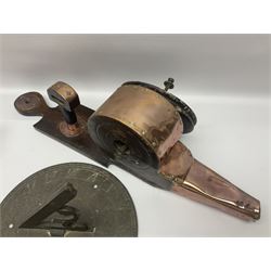 Two 19th century copper tankards, one with weighted wooden base, together with copper and wooden mechanical bellows, sundial and other metalware 