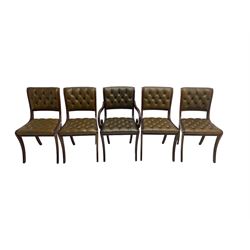 Set five (4+1) Georgian design dining chairs, back and seat upholstered in buttoned olive leatherette with reeded supports