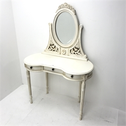 French style white kidney dressing table, raised oval mirror back, three drawers, turned tapering reed supports, W101cm, H151cm, D50cm