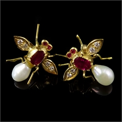  Pair of 9ct gold ruby, pearl and diamond insect ear-rings, stamped 375  