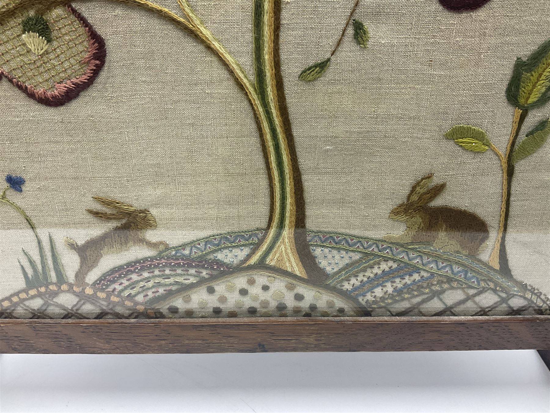 Tapestry fire screen depicting a landscape, with barley twist legs, H72cm