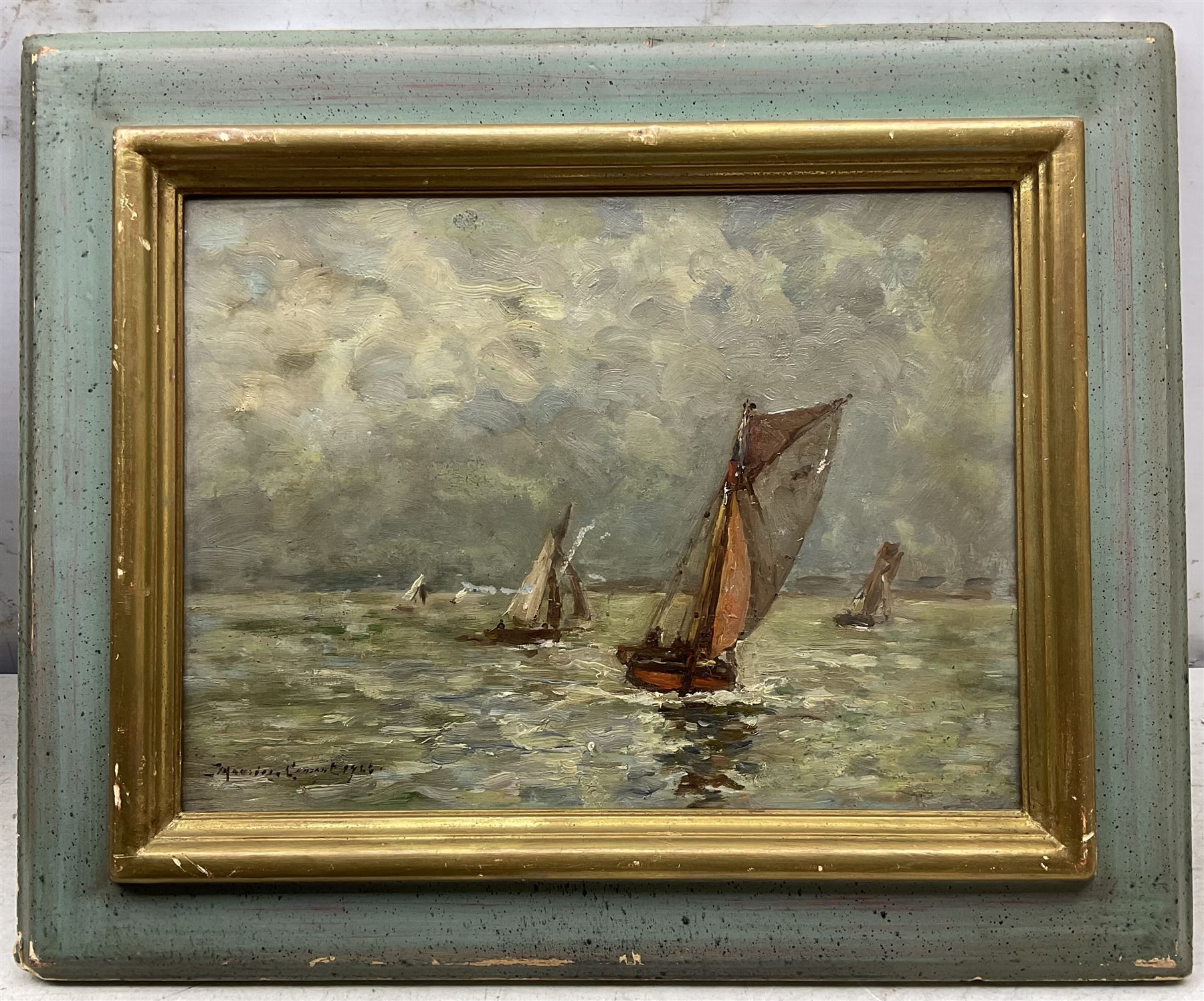 Maurice Courant (French 1847-1925): Sail Boats Off the French Coast, oil on board signed and dated 1923, 23cm x 33cm 