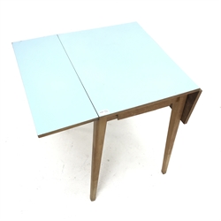 Mid century small drop leaf kitchen table, single drawer, square tapering supports (W92cm, H76cm, D61cm) and a coffee table (2)