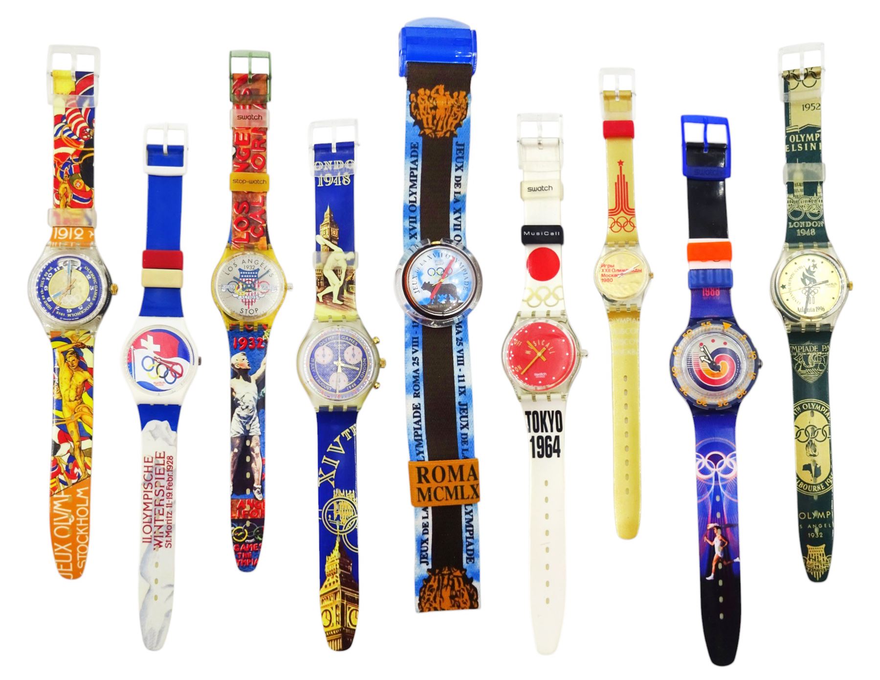 Swatch Historical Olympic Games Watch Collection, eight quartz wristwatches and one automatic, made for the Atlanta 1996 Olympic games