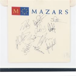 Yorkshire County Cricket Club signed bat and shirt, the cricket bat signed by members of the 2008 squad, including Darren Gough, Anthony McGrath, Tim Bresnan, Matthew Hoggard and Michael Vaughn, the shirt in black frame, with eleven signatures in black ink, including Jonny Bairstow, frame H73cm 