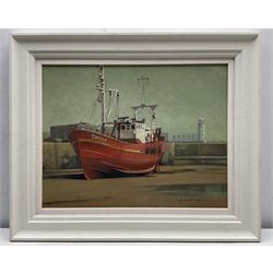 Herbert Rodmell (British 1913-1994): Scarborough Fishing Boat in South Bay Harbour with Lighthouse, oil on board signed 35cm x 45cm
Provenance: Direct from the family of the artist.