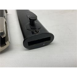 German Wehrmacht KS98 dress bayonet, with plain 19.5cm fullered blade marked Anton Wingenje Solingen, chequered black plastic grip and original leather washer to ricasso; in black painted metal scabbard L36cm overall