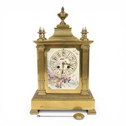 French gilt-bronze and porcelain mantel clock, architectural case surmounted by a stepped ...