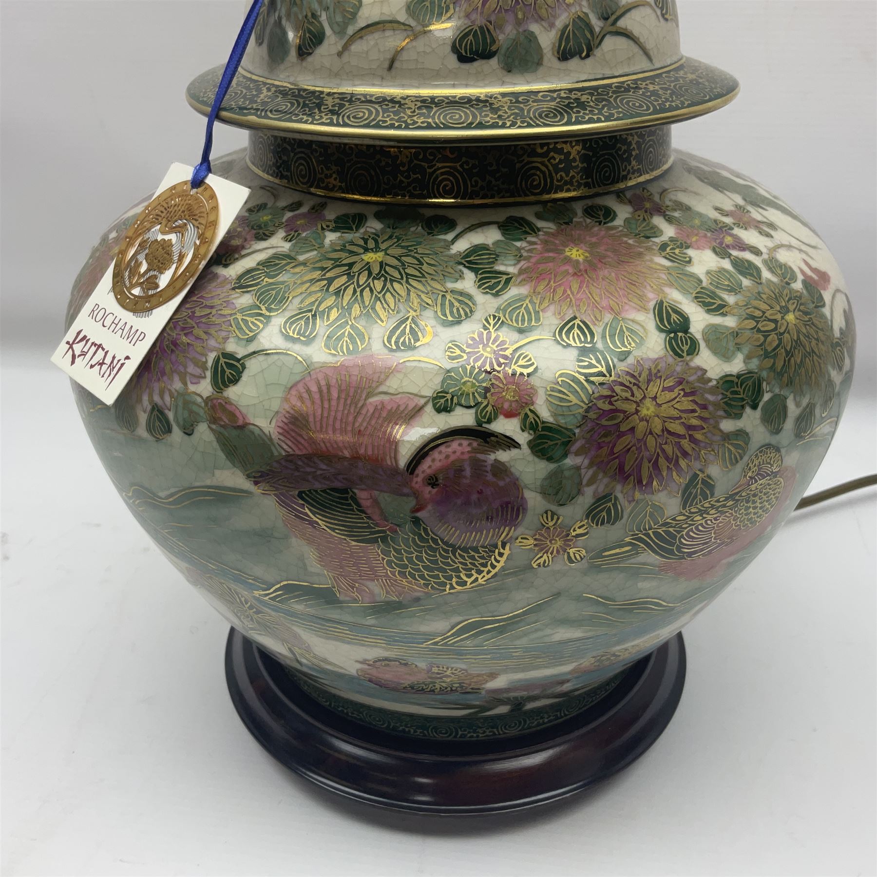 Table lamp of squat baluster form, decorated with Mandarin ducks and floral  landscape, upon a circular wooden base H42cm