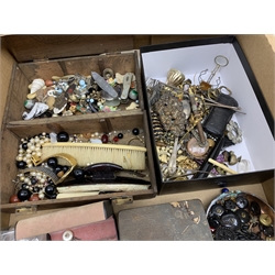  Large assortment of costume jewellery and sewing accessories including some gold, watches, pin cushions, buttons, Victorian ivory sewing implement, folding knives, pens and miscellanea in one box  