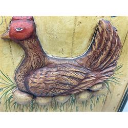 Painted wood panelled sign moulded with a hen titled Fresh Eggs in green lettering, detailed The Perfect Breakfast 1' Per Doz, in raised green frame, L92cm