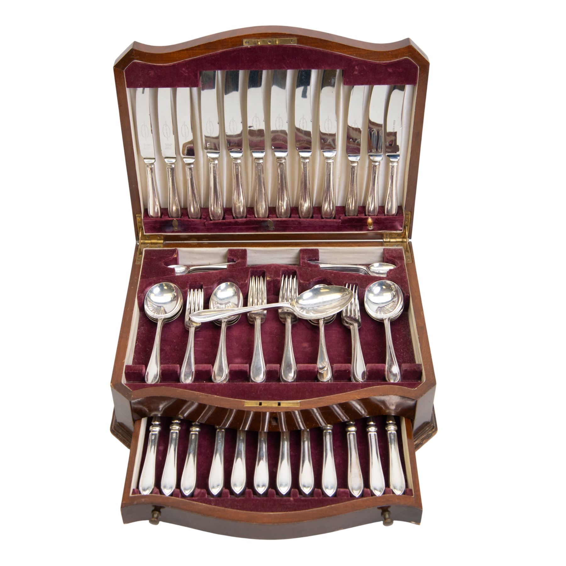 Mid 20th century silver canteen of Sandringham pattern cutlery for six place settings, comprising table spoons, table forks, silver handled table knives with stainless steel blades, dessert spoons, dessert forks, silver handled dessert knives with stainless steel blades, teaspoons, coffee spoons, silver handled fish knives and fish forks with silver blades, hallmarked Viner's Ltd, Sheffield 1955, contained in a wooden canteen with single drawer
