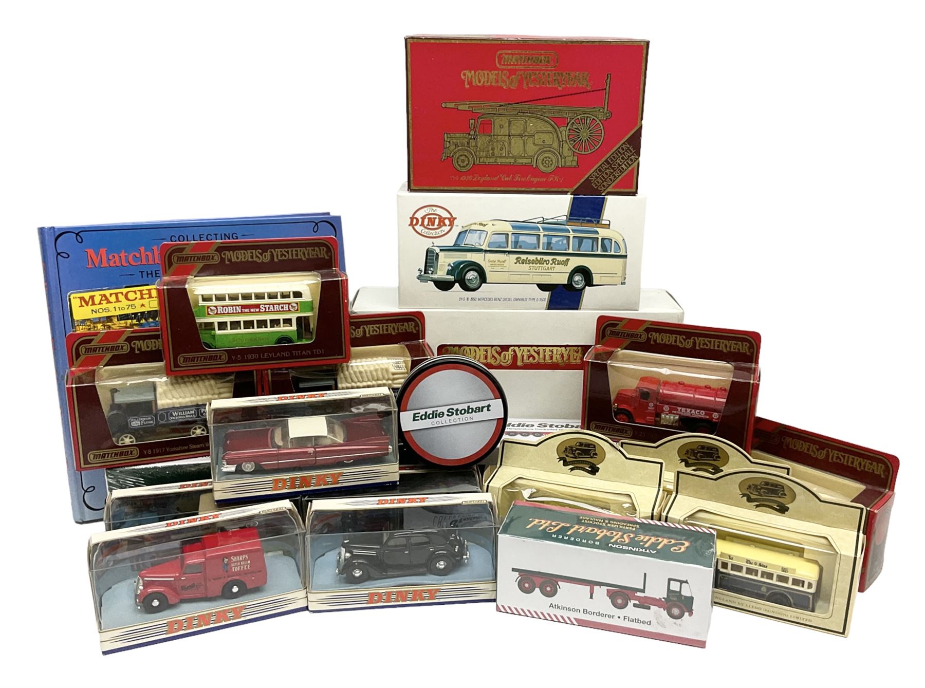 Matchbox - 1929 Scammell 100 ton truck with GER 2-4-0 locomotive; 1936 Leyland Cub Fire-Engine; five Models of Yesteryear; six Dinky Collection vehicles; and Matchbox reference book; together with three Atlas Eddie Stobart vehicles; and three Lledo promotional models; all boxed 