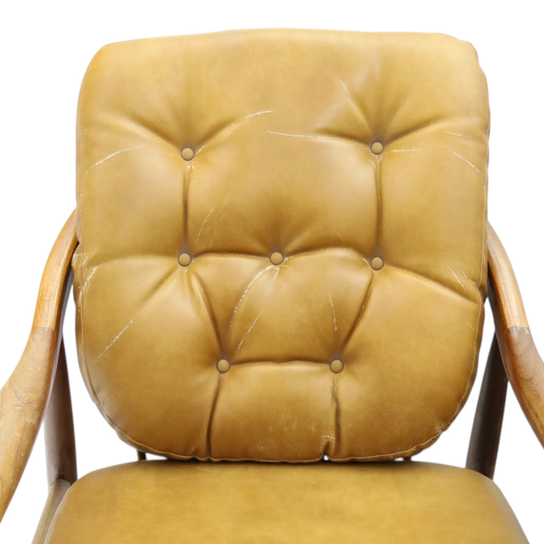 Greaves & Thomas - pair of mid-20th century light elm framed lounge armchairs, with downswept arms and a spindle back, webbing base with makers mark, tan brown leather seat cushions with button back detail
