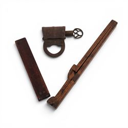 Various collectables, including 19th century wrought iron screw type padlock, set of folding guinea scales, herb cutters etc