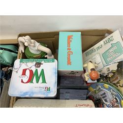 Wallace and Gromit and Shaun the Sheep collectables, including alarm clocks, plates, cafetiere, soft toys, etc, in two boxes
