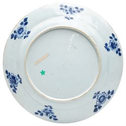 Chinese Kangxi period blue and white plate, decorated with figures in a pavilion, D26cm 
