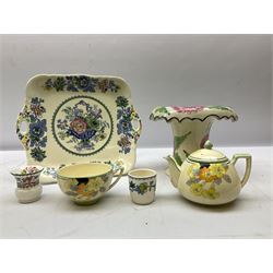Group of ceramics to include Art Deco examples, Arthur Wood twin handled vase decorated in the Garden Wall pattern, Art Deco style Coalport twin handled lidded sucrier and saucer, Mason's Applique jug (scratch through mark), Royal Doulton Minden bowl and jug, Copeland Spode Royal Jasmine jug, Crown Devon, etc
