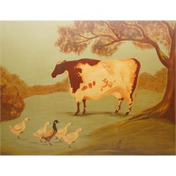 English Primitive School (20th century): Prize Heifer and Geese, oil on board unsigned 70cm x 91cm