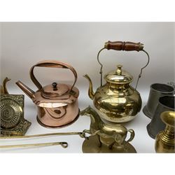 Set of three hanging copper graduating spirit measures with brass plaques and a similar brass set of three measures,  brass engraved spirit kettle with stand, other brass kettles etc, pewter tankards to include Sheffield and Cornish examples etc