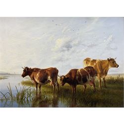 Thomas Sidney Cooper (British 1803-1902): Cattle Watering, oil on board signed and dated 1893, further signed and dated verso with artist's wax seal 29cm x 39cm 
Provenance: private collection, purchased Roger Widdas Gallery, Moreton-in-Marsh, March 2004, label verso