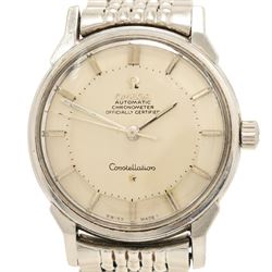 Omega Constellation gentleman's stainless steel automatic chronometer wristwatch, Cal. 551, Ref. 167.005, serial No. 21240417, silvered pie-pan dial with baton hour markers, on Omega stainless steel bracelet, with fold-over clasp