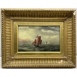 R Coverdale (British 19th/20th century): Fishing Yawl and other Masted Vessels at Sea, oil on canvas signed with initials, signed and dated '78 verso 22cm x 34cm