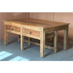 Large pine bakers table, early 20th century, the beech top above two drawers, all standing...