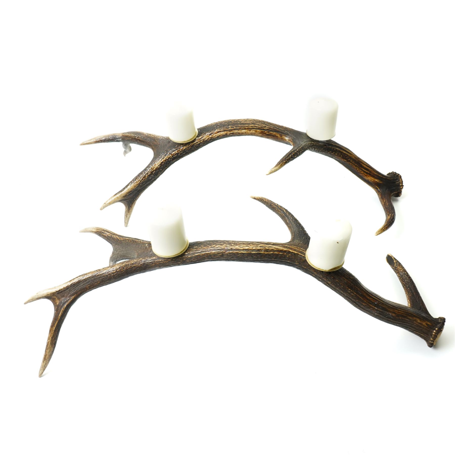 Antlers/Horns -  pair of stags antler candelabra, the six point antlers mounted with two sconces and candles, each approximately W75cm (2)