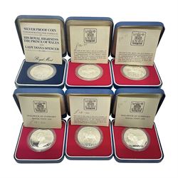 Six Queen Elizabeth II silver crown coins, comprising three United Kingdom 1977 'Silver Jubilee', 1981 'Commemorating the Marriage of His Royal Highness The Prince of Wales and Lady Diana Spencer' and two Bailiwick of Guernsey 1978 'Royal Visit', all cased with certificates 