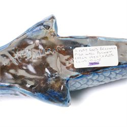 Early 20th century C H Brannam for Barum pottery wall pocket in the form of a fish, signed to base, H28cm