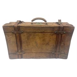 Late 19th/early 20th century stitched and studded leather portmanteau type suitcase with expanding lid and straps, L61cm