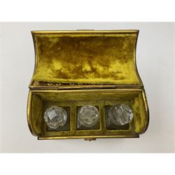 19th century brass repoussé perfume box, the ornately decorated casket with hinged domed cover lifting to reveal gold velvet lined interior containing three glass scent bottles, H14cm W15cm D7cm
