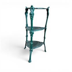 Ornate cast iron three tier garden plant or pan stand, green painted finish