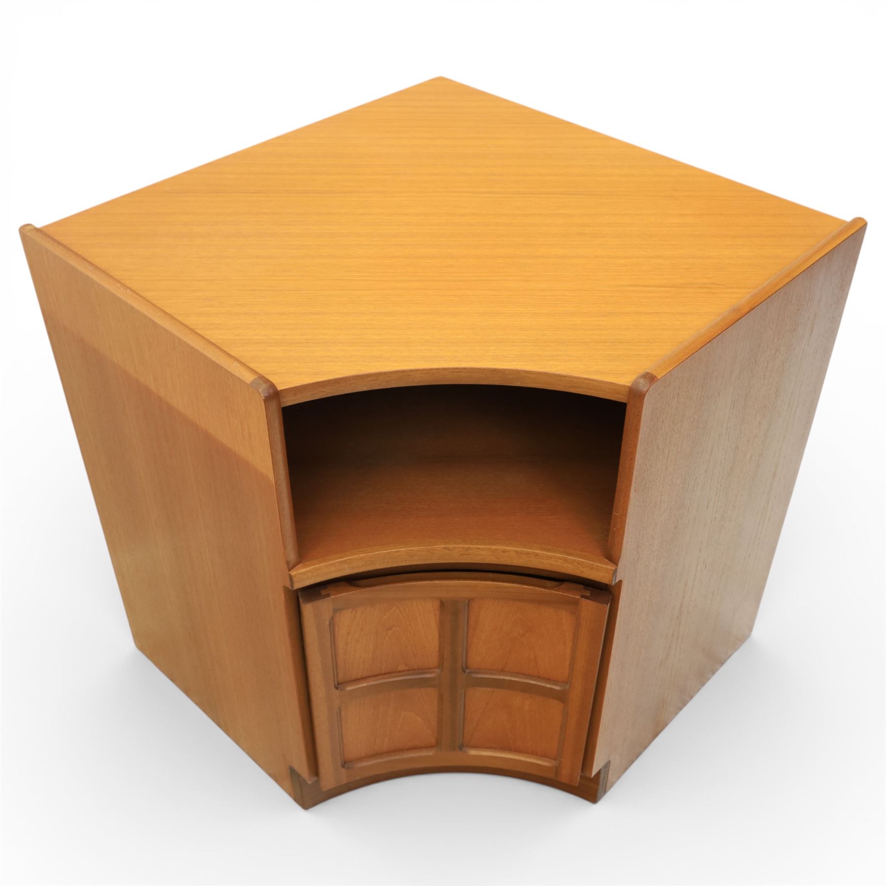 Nathan - concave corner cabinet, each of quarter round form with square top to fit against a wall, with open display compartment above a signature square panelled cupboard door, raised on a recessed plinth base