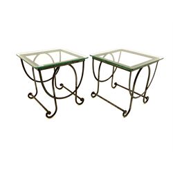 Pair wrought metal and glass top side/lamp tables