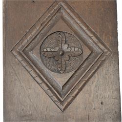 Set of four 17th century carved panels with lozenge decoration, and three further carved panels, lozenge panels approx 36.5cm x 24cm, three further 35cm x 10cm 