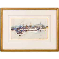Frank Henry Mason (Staithes Group 1875-1965): Destroyer 'On the Tyne', watercolour signed and dated 1902, titled verso 15cm x 26.5cm 
Notes: later reproduced as a postcard by J J Longhurst, sold together with a framed example.