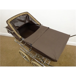  1980's Silver Cross pram, brown body with chrome chassis and wheels, fringed canopy  