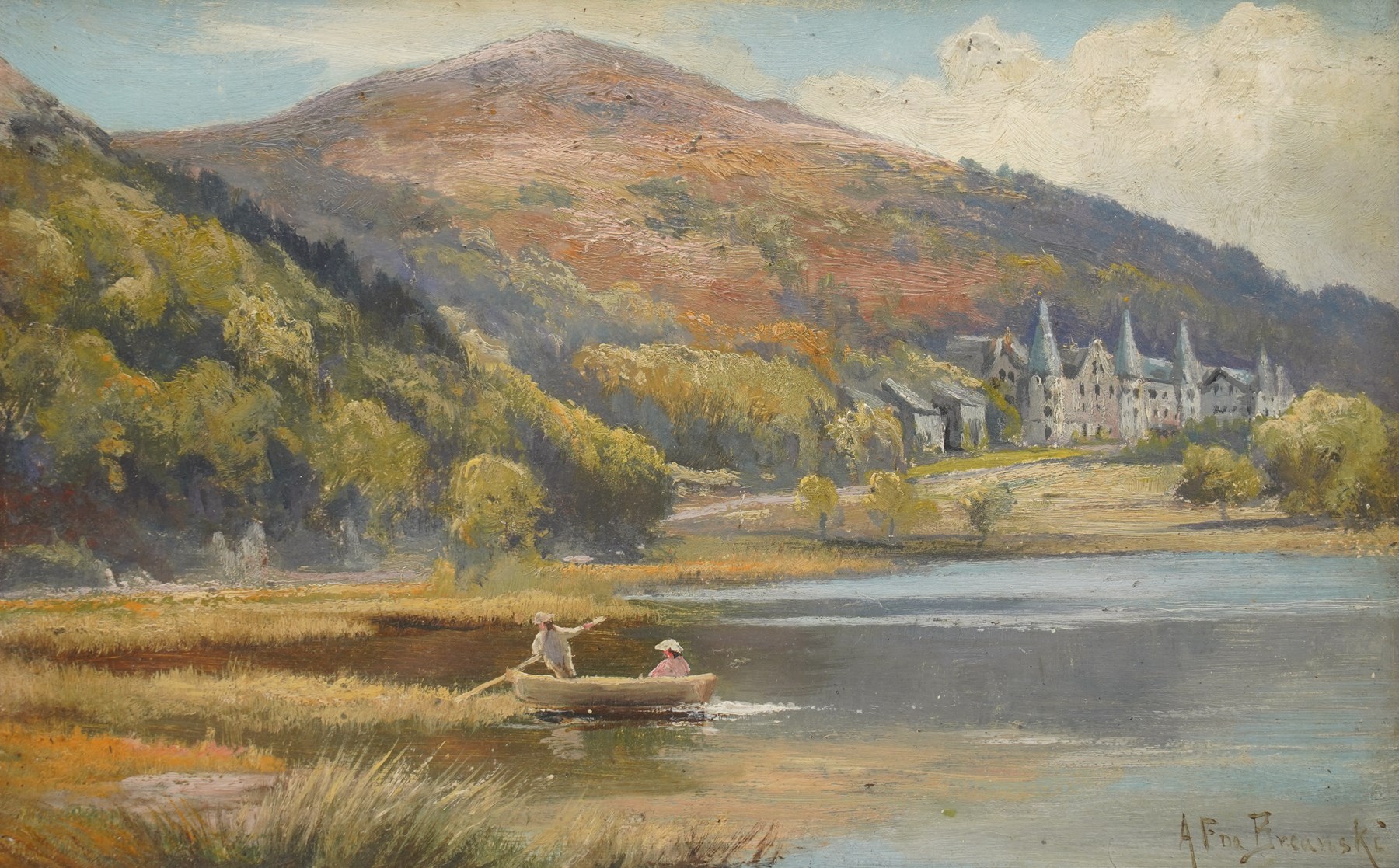 Alfred Fontville de Breanski Jnr. (British 1877-1945): The Trossachs Hotel on Loch Achray, oil on board signed 19cm x 30cm
