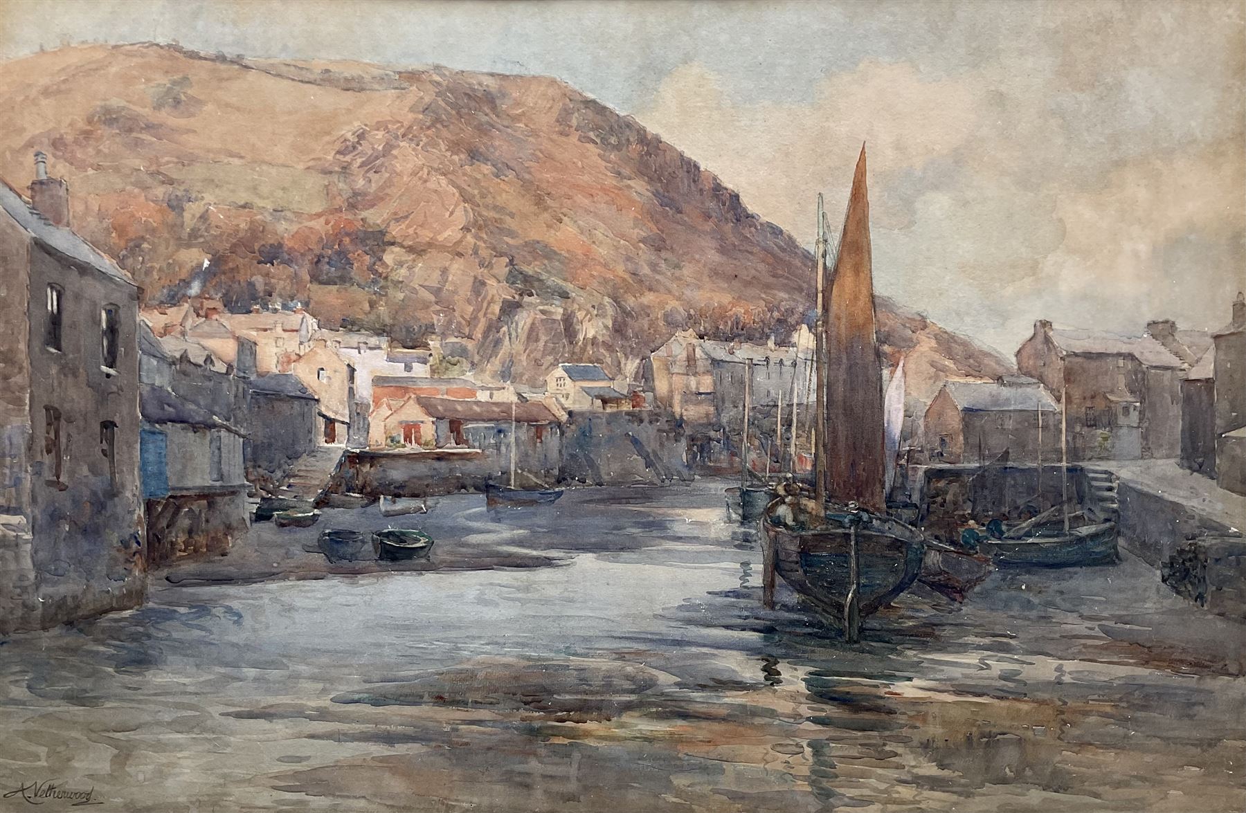 Arthur Netherwood (British 1864-1930): Polperro Harbour, watercolour signed 48cm x 74cm