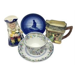 Royal Doulton Old Curiosity Shop jug, toby jug, novelty cup and saucer and Royal Copenhagen 1962 Christmas plate