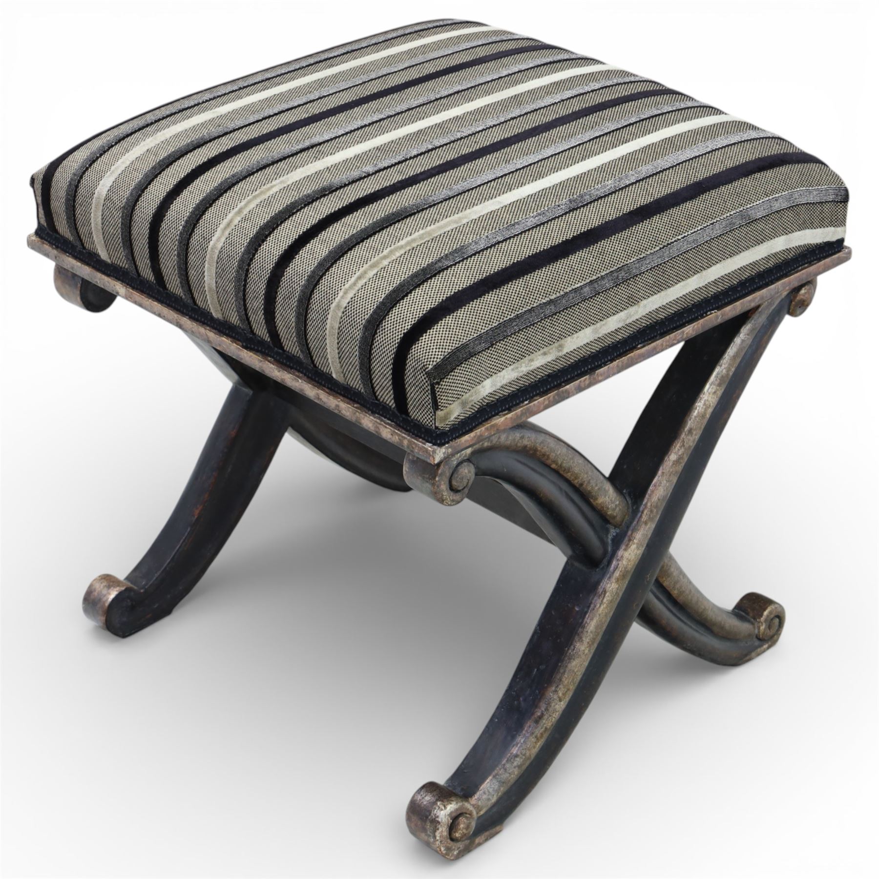 French design dressing table stool, striped upholstery over an X-frame base