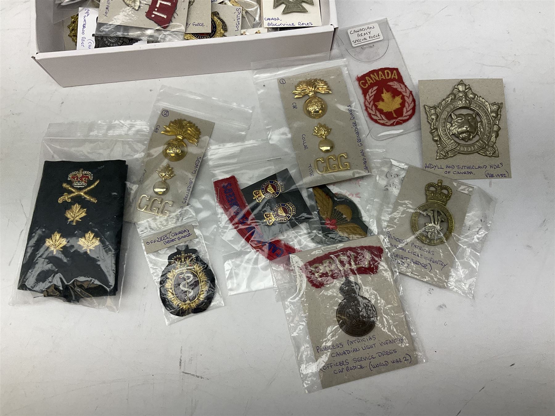 Canadian metal and cloth badges, including Princess Patricias Canadian Light Infantry, Ontario Regiment, 29th Waterloo Regiment, Grenadier Guards, Logistics, Combined Services, Saskatchewan Dragoons, Irish Regiment of Canada, Sakatoon Light Infantry etc