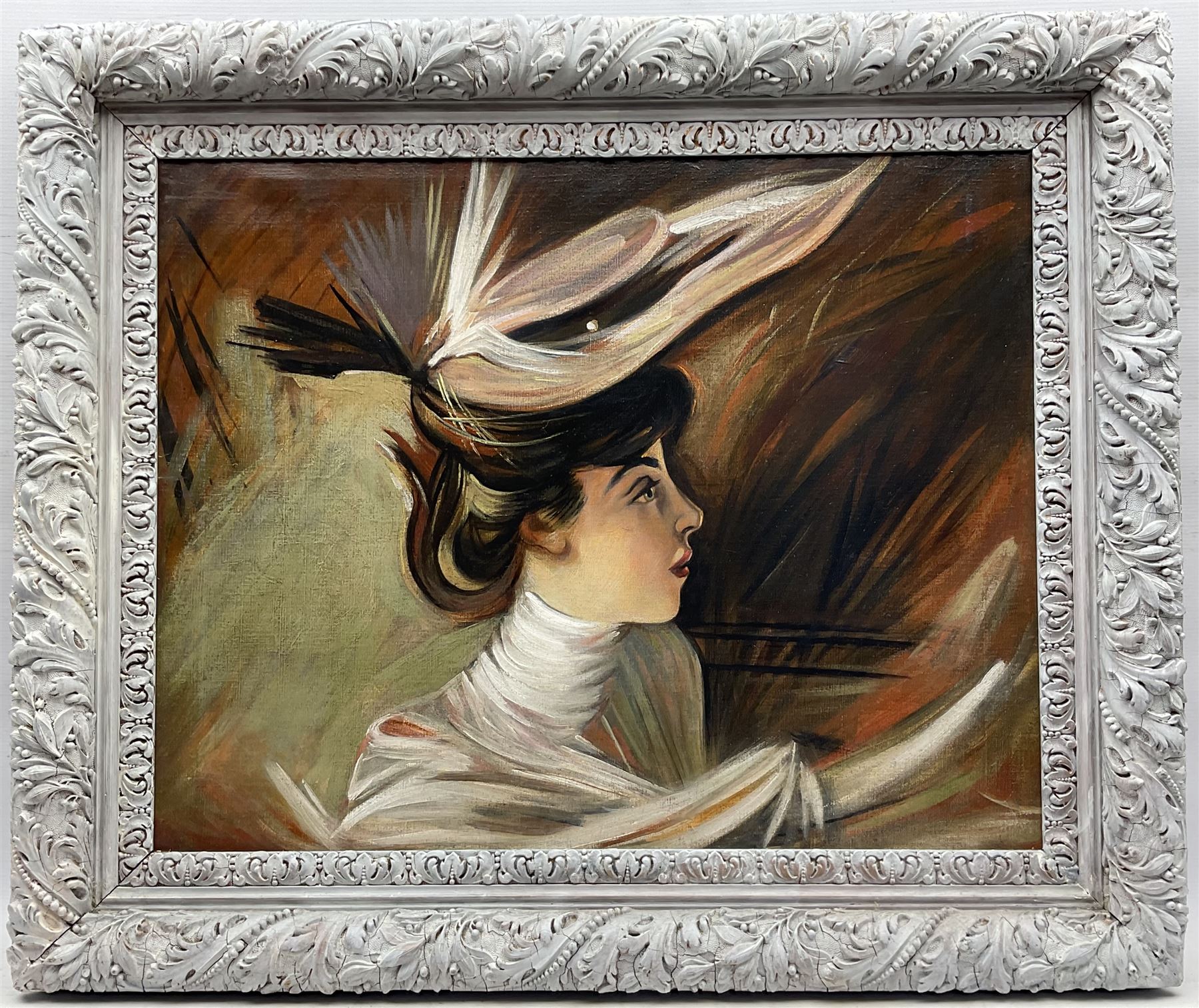 After Giovanni Boldini (Italian 1842-1931): The New Hat - Portrait of Lina Cavalieri, oil on canvas unsigned, James Bourlet & Sons label verso 59cm x 75cm
