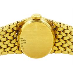 Longines 18ct gold ladies manual wind wristwatch, case No. 40809, Cal. 320, oval champagne dial, with baton hour markers, Helvetia hallmark, on integral 18ct gold textured bracelet, stamped 750