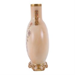 Royal Worcester Blush Ivory Moon Flask, decorated with floral sprigs, with gilt handles, puce mark beneath, H22cm