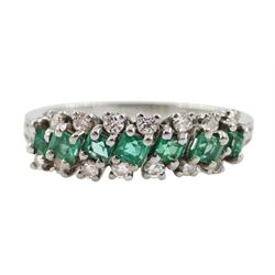 18ct white gold three row emerald and diamond ring, London import marks 1975